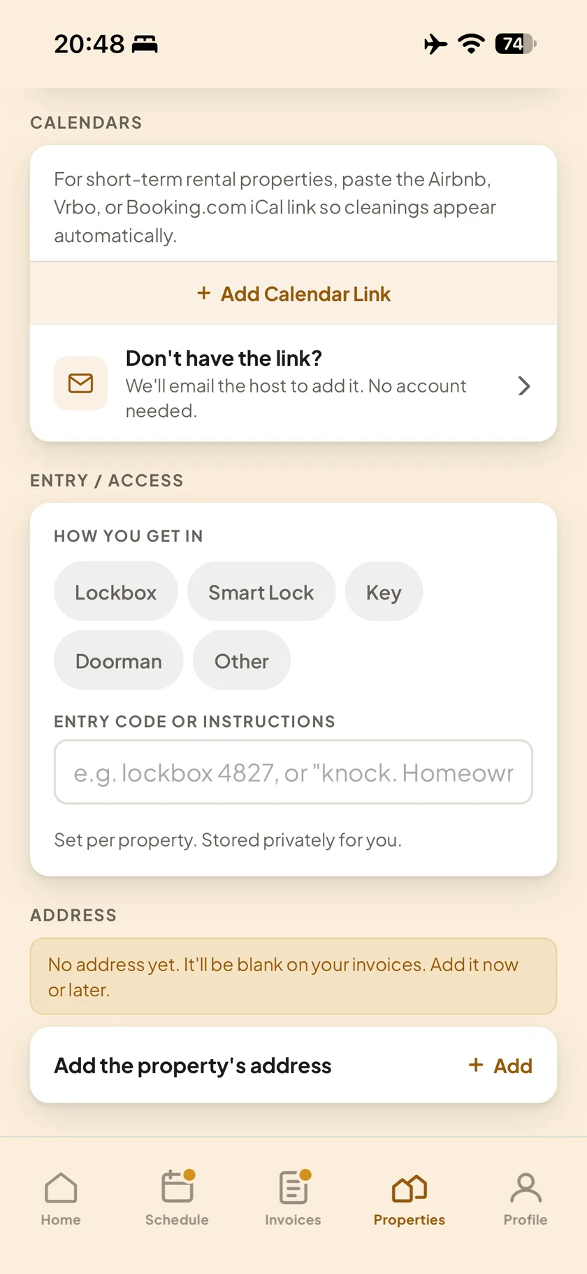 Fill in the property details. Under Calendars, tap Add Calendar Link and paste your link. No link? Tap Don't have the link? and we'll email your host.