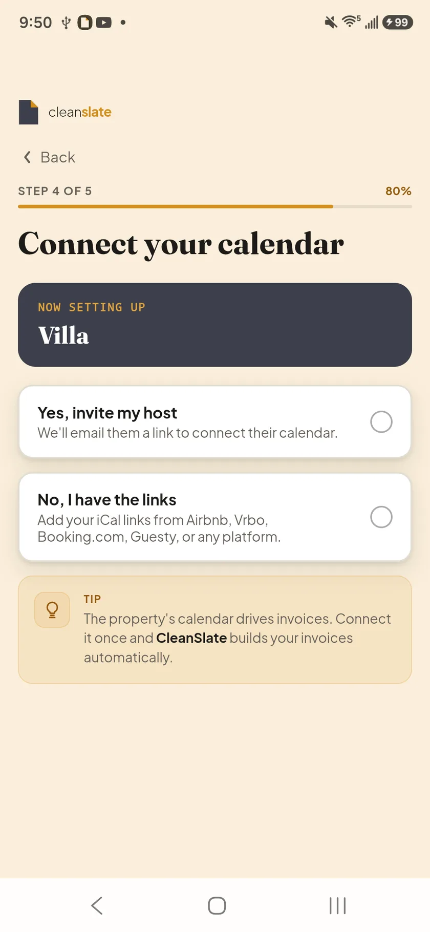 Cleaners: on Connect your calendar, choose No, I have the links to paste them, or Yes, invite my host and we'll email your host.