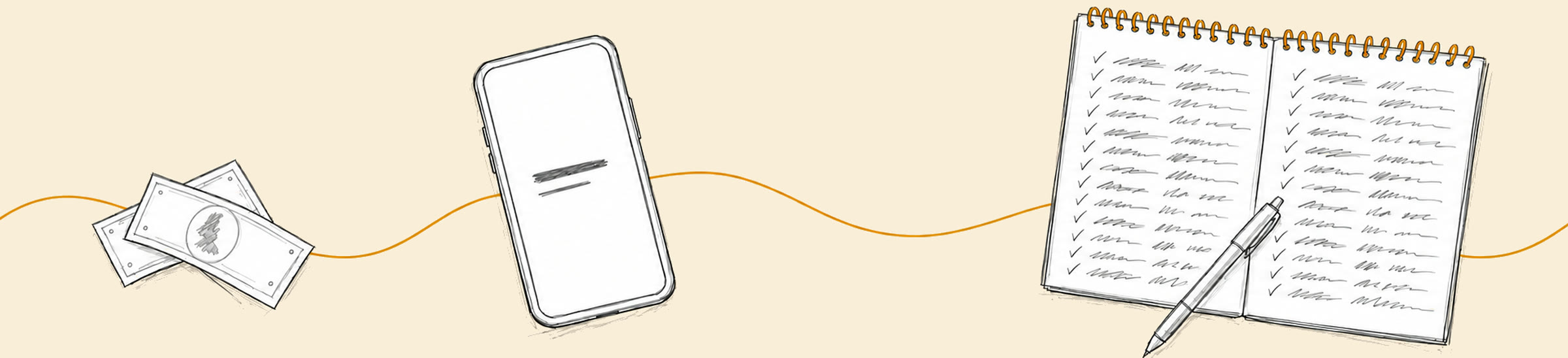 A pencil sketch of a phone showing a payment alert beside an open spiral notebook filled with ticked, handwritten lines, a pen and a few banknotes.