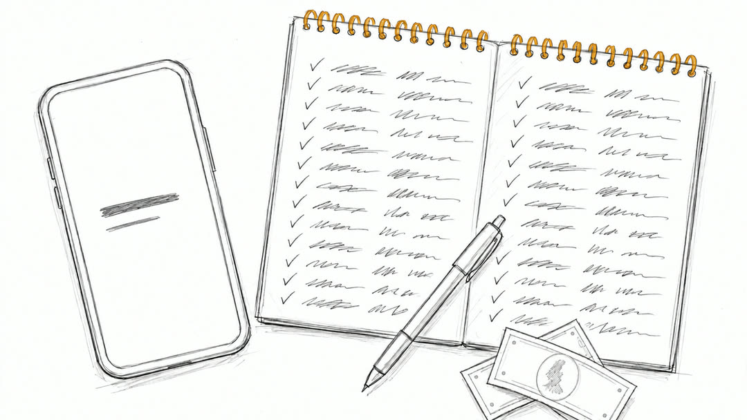 A pencil sketch of a phone showing a payment alert beside an open notebook filled with ticked, handwritten lines, a pen and a few banknotes.