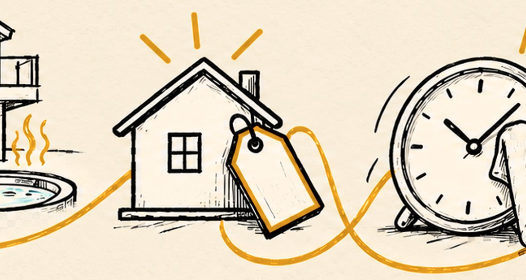 A pencil sketch of a small house with a price tag next to an alarm clock being wiped with a cleaning cloth.