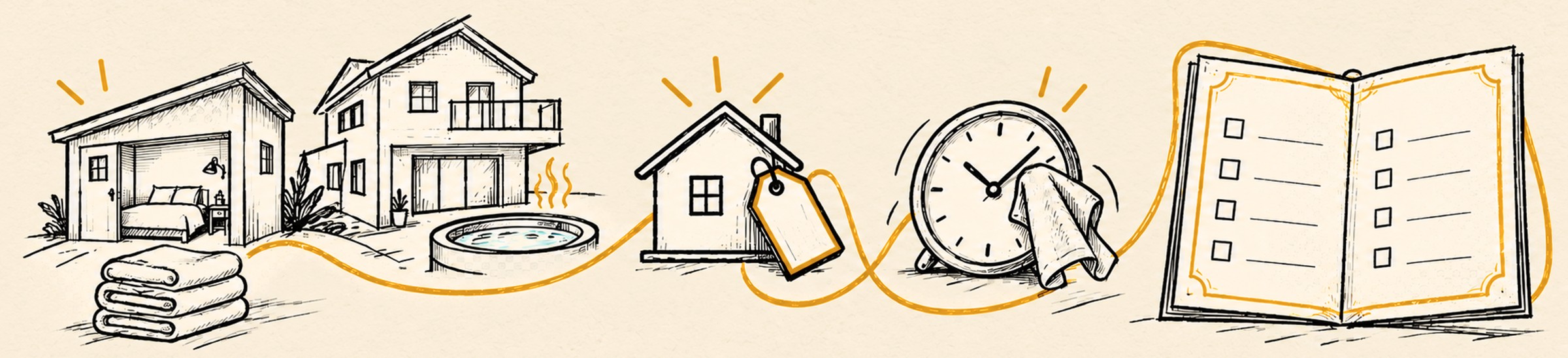A continuous pencil sketch: two different rentals, a house with a price tag beside a clock, and an open menu, joined by one orange line.