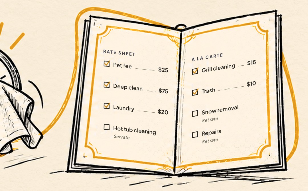 A sketched menu labelled Rate sheet: Pet fee $25, Deep clean $75, Laundry $20 and Grill cleaning $15 are checked, while Hot tub cleaning and Snow removal still say Set rate.