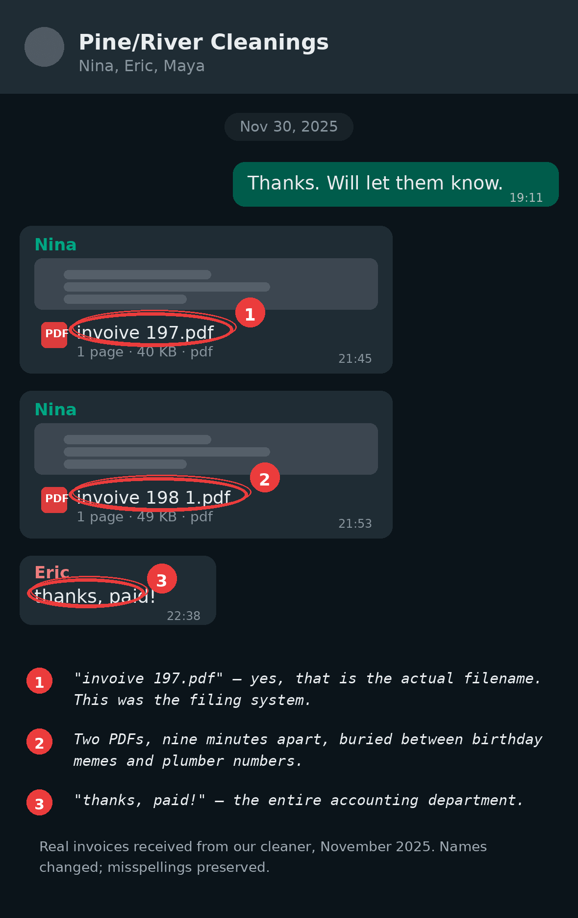 Before: two invoice PDFs buried in a WhatsApp group chat.