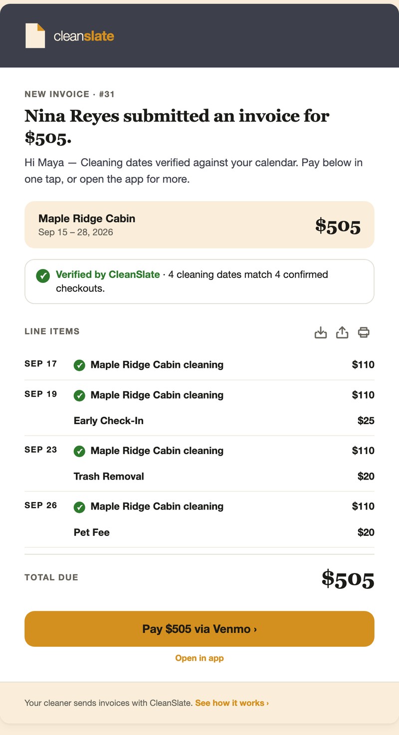 After: a CleanSlate invoice email for a cabin cleaning, each cleaning and extra listed with its date, verified against the calendar, total $505, with a Pay button.