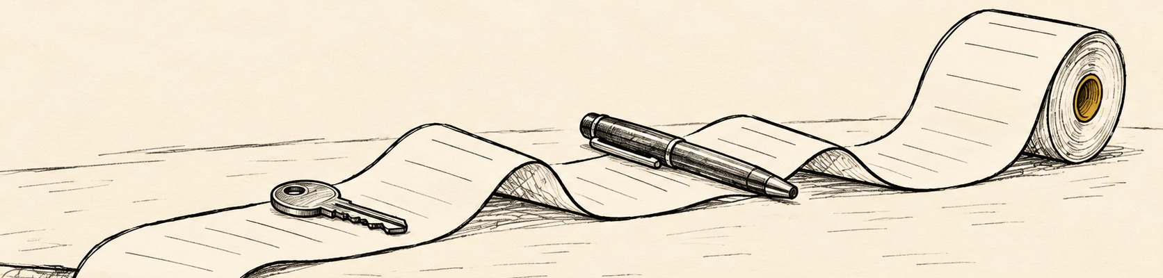 A pencil sketch of a long paper receipt unrolling across a table from a roll at one end, with a key and a pen resting on it.