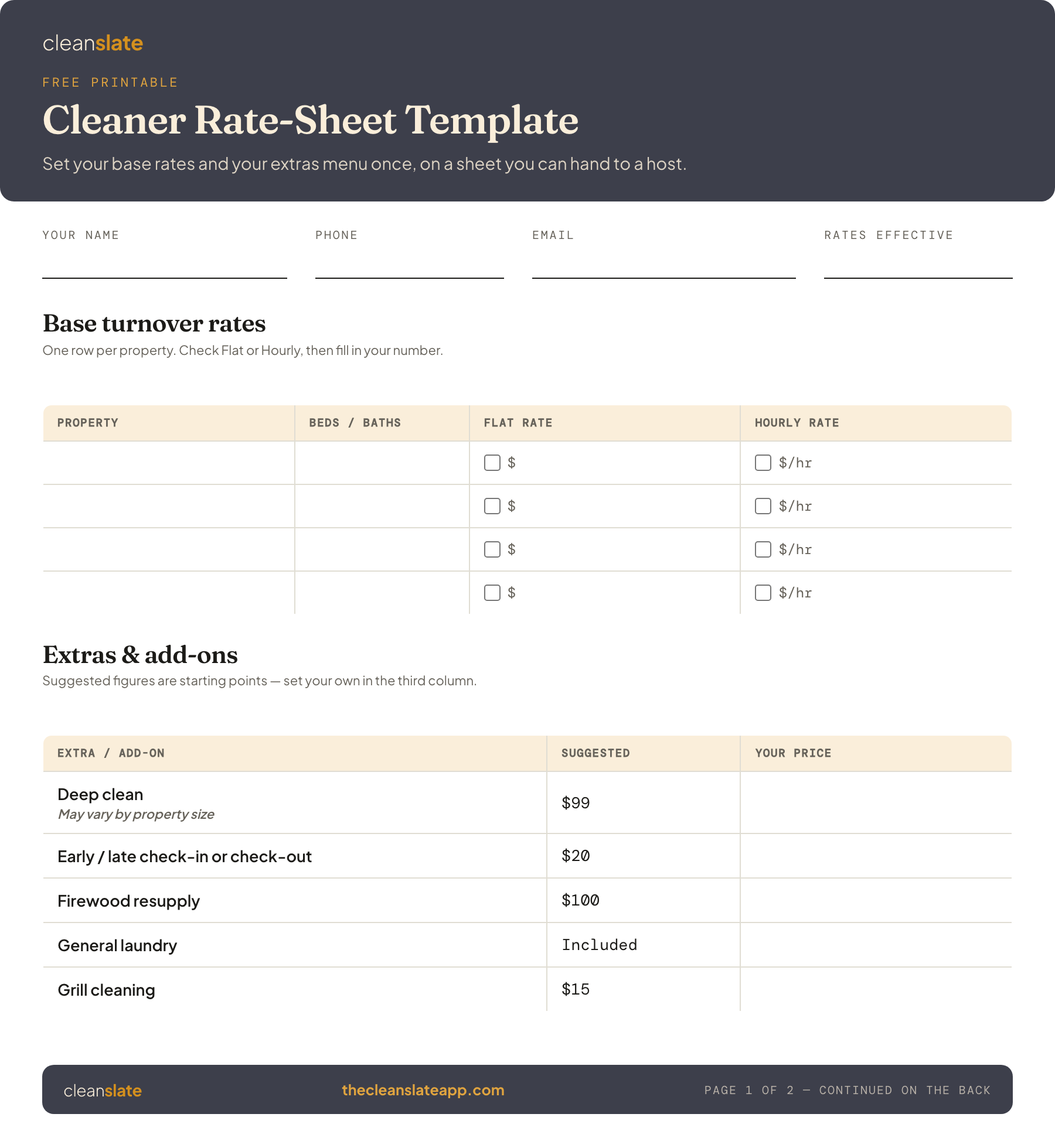 Preview of the Cleaner Rate-Sheet Template's front page — click to download the PDF